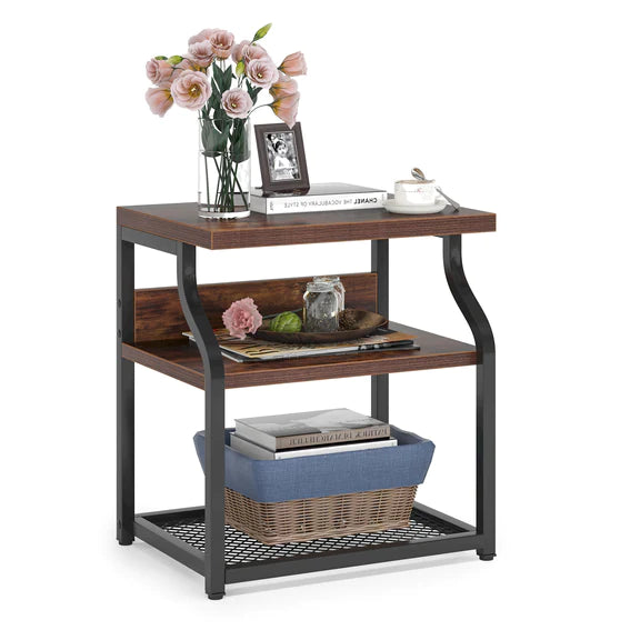 End Side Table, Industrial 3-Shelf Nightstand Printer Stand