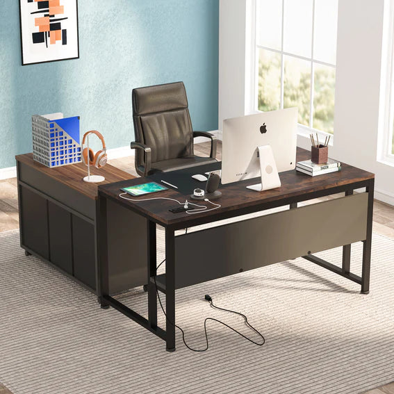 L-Shaped Desk, 55" Executive Computer Desk with File Cabinet & Power Outlet
