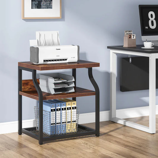 End Side Table, Industrial 3-Shelf Nightstand Printer Stand