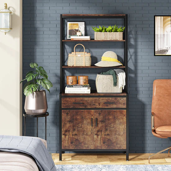 Bookshelf, 4-Tier Etagere Bookcase with Drawer & Cabinet
