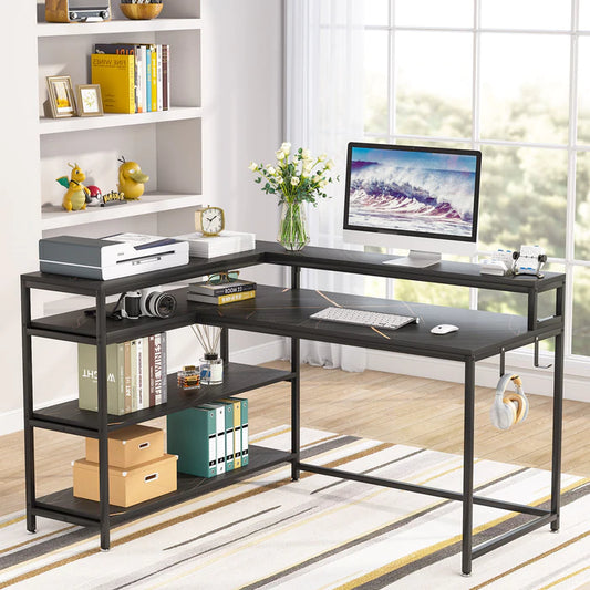 L-Shaped Desk, 53" Reversible Corner Desk with Shelves and Monitor Stand