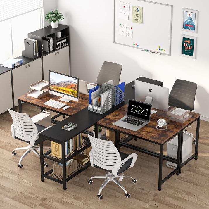 94.5 inch Double Computer Desk with Storage Shelves, Two Person Desk