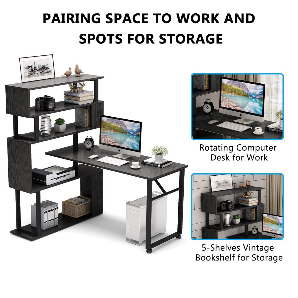 Rotating Desk, Reversible Computer Desk with 5 Shelves