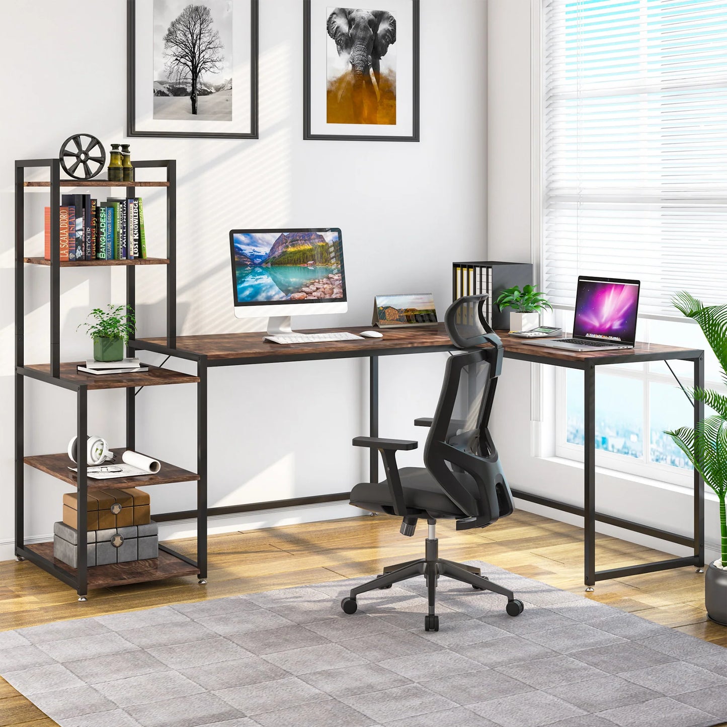 L-Shaped Desk, Reversible Corner Computer Desk with 5 Tier Shelves