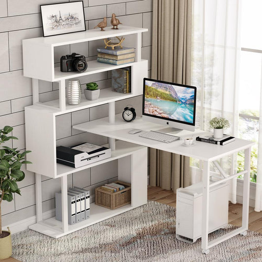 Rotating Desk, Reversible Computer Desk with 5 Shelves
