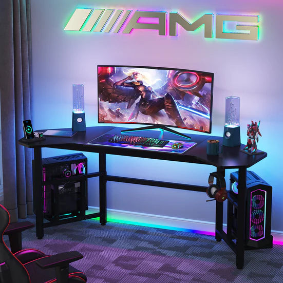 Gaming Desk, 66.5" Ergonomic Wing-Shaped Computer Studio Desk