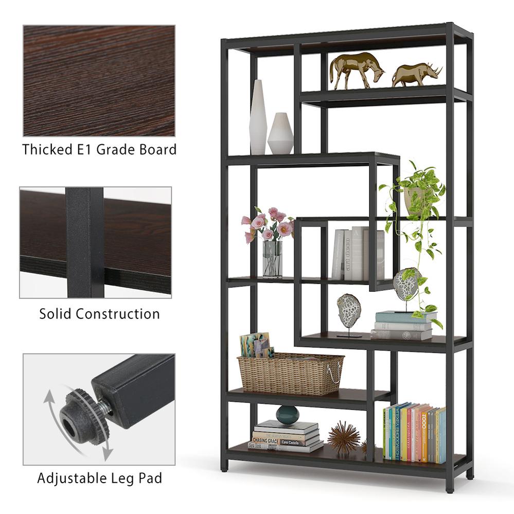 8-Shelves Staggered Bookshelf, Rustic Industrial Etagere Bookcase