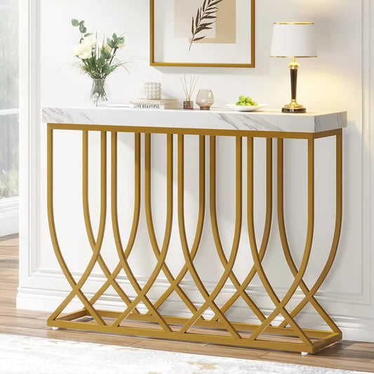 Console Table, 39.4” Faux Marble Sofa Table with Geometric Metal Legs
