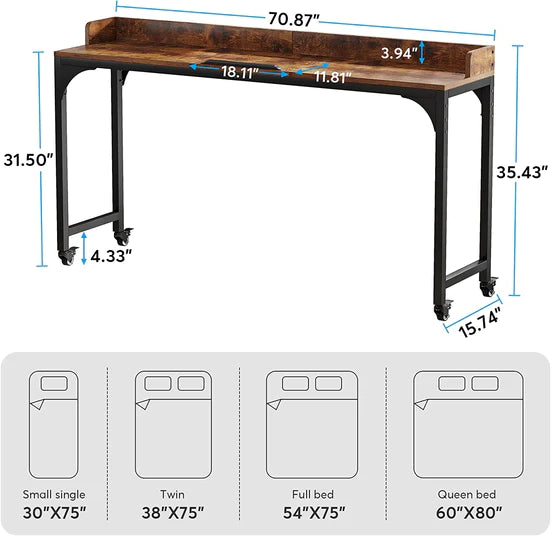 Overbed Table, Mobile Laptop Desk with Adjustable Tilt Board