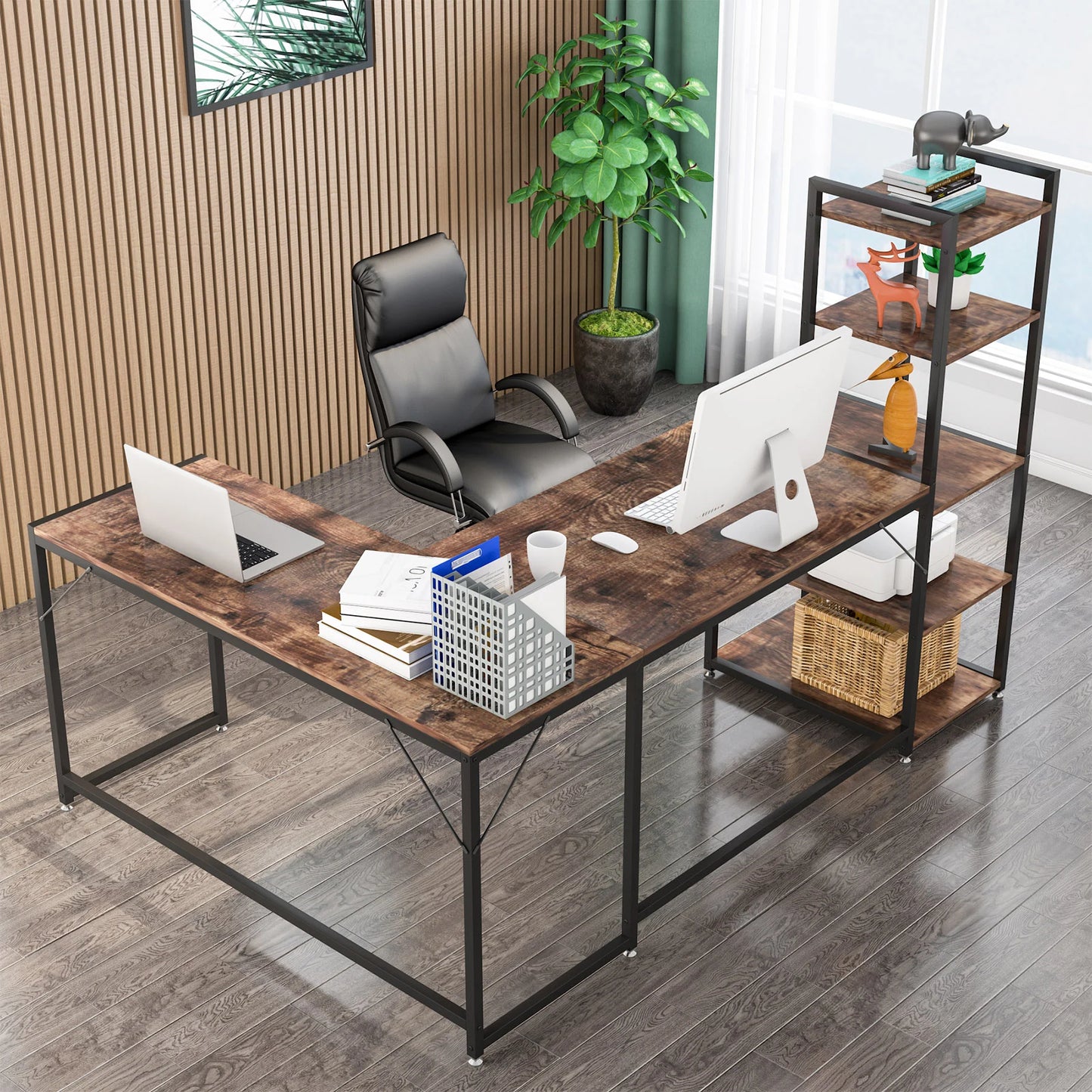 L-Shaped Desk, Reversible Corner Computer Desk with 5 Tier Shelves