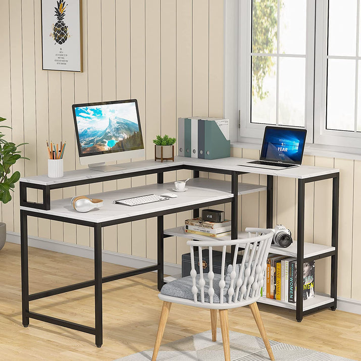 Reversible L Shaped Computer Desk with Storage Shelf