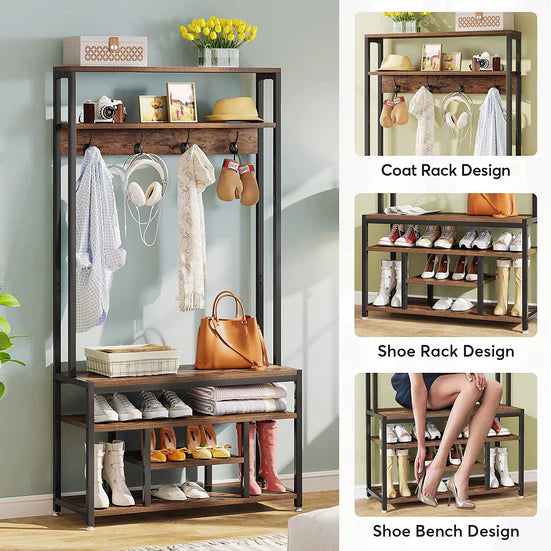 Coat Rack Shoe Bench, Entryway Hall Tree with Hooks & Shelves