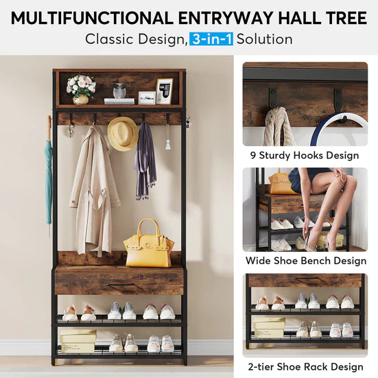 Coat Rack Shoe Bench, Entryway Hall Tree with Drawer & Hooks