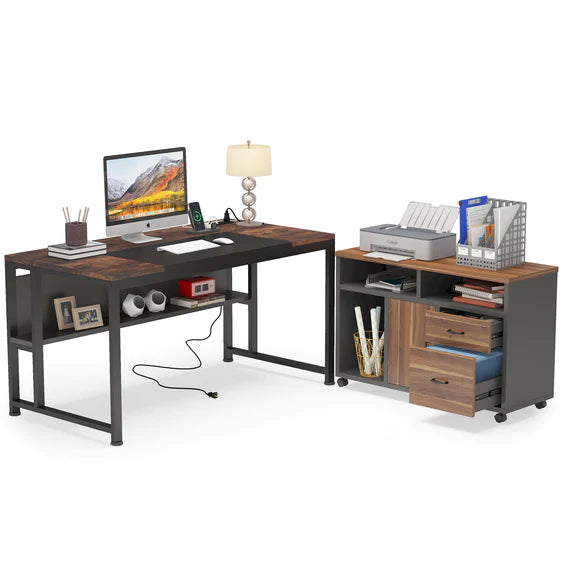L-Shaped Desk, 55" Executive Computer Desk with File Cabinet & Power Outlet