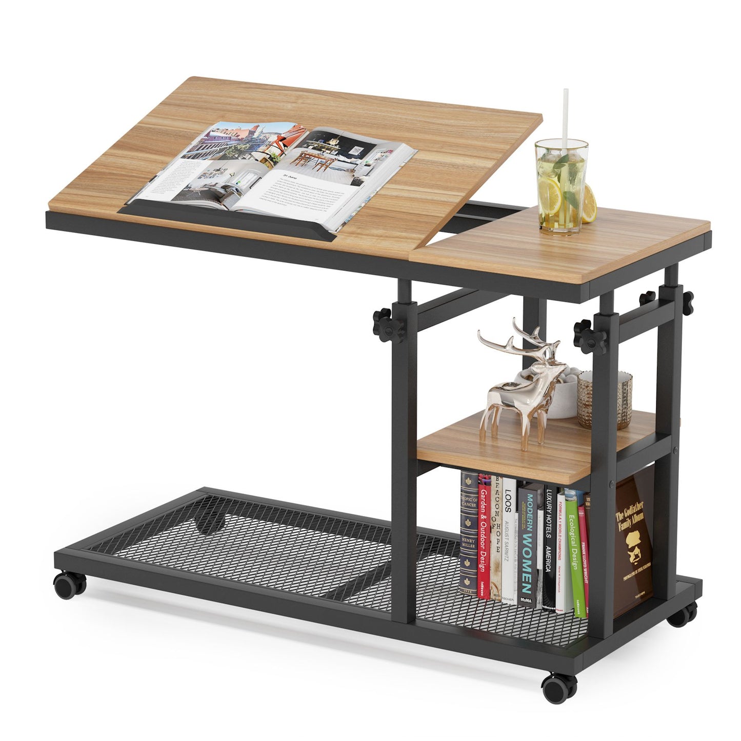 Table with Wheels for Couch, Mobile Snack Side Table with Tiltable Drawing Board
