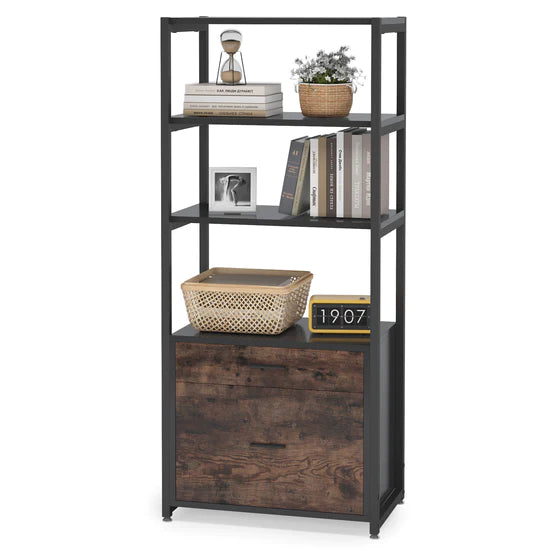 Bookcase Bookshelf, 4-Tier Modern File Cabinet with 2 Drawers, Lateral Filing Cabinet