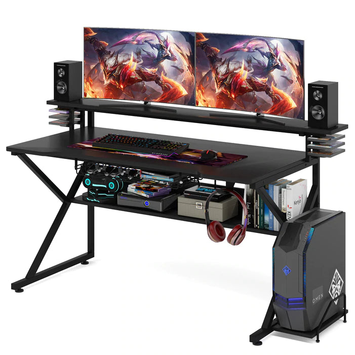 Gaming Desk, Computer Desk with Monitor Stand and Shelf