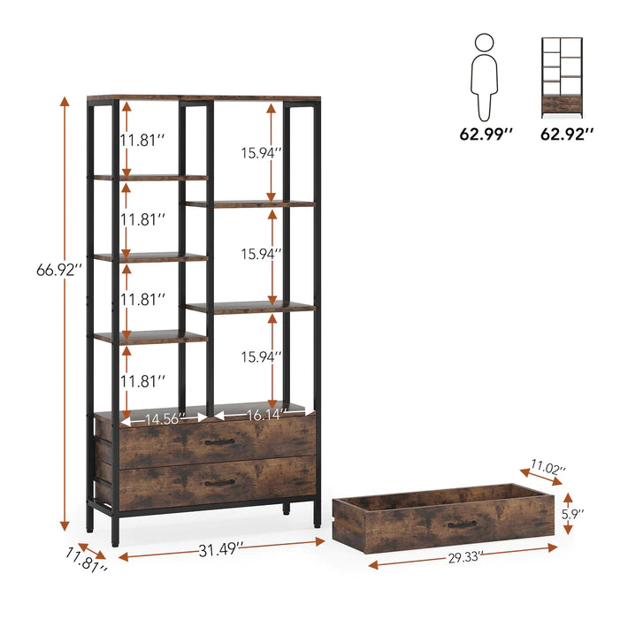 Bookshelf, Freestanding Etagere Bookcase with 2 Drawers