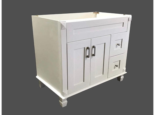 36” White Shaker Standing Solid Wood Single-Sink Bathroom Vanity Base Cabinet 36“ Width x 21”Deep x 32“ H (RIGHT DRAWERS)