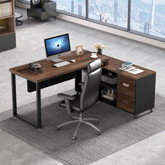 Business Office Desk Furniture L Shape Desk with Storage Cabinet Workstation with 47 inch File Cabinet Executive Office Brown Black