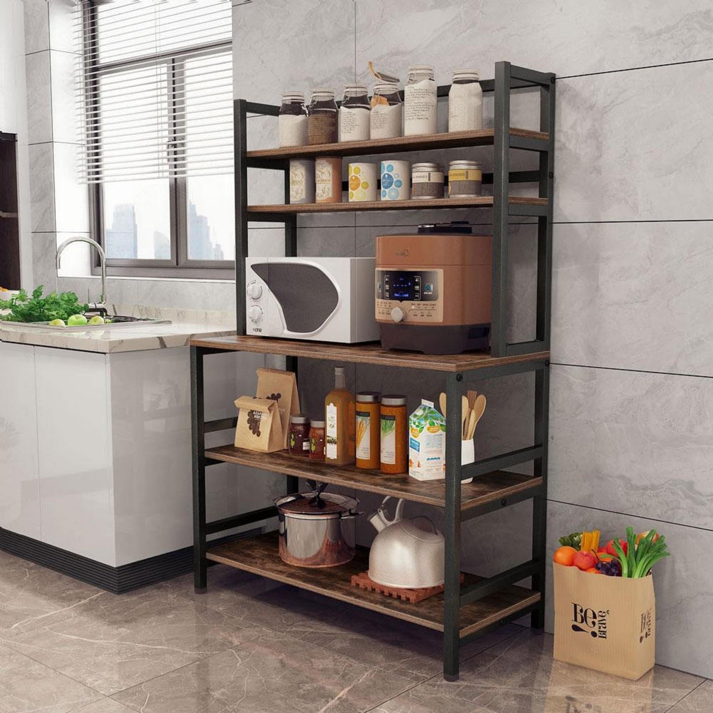 5-Tier Kitchen Bakers Rack with Hutch, Industrial Microwave Oven Stand