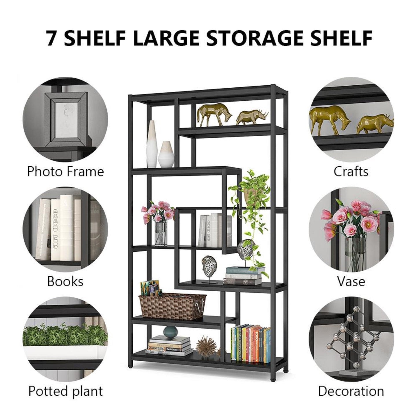 8-Shelves Staggered Bookshelf, Rustic Industrial Etagere Bookcase