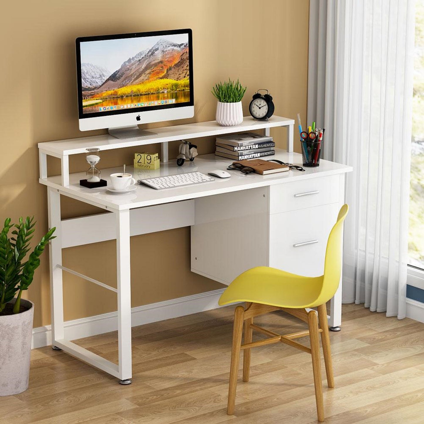47 Inches Computer Desk with Hutch, Modern Writing Desk with 2 Drawers Storage