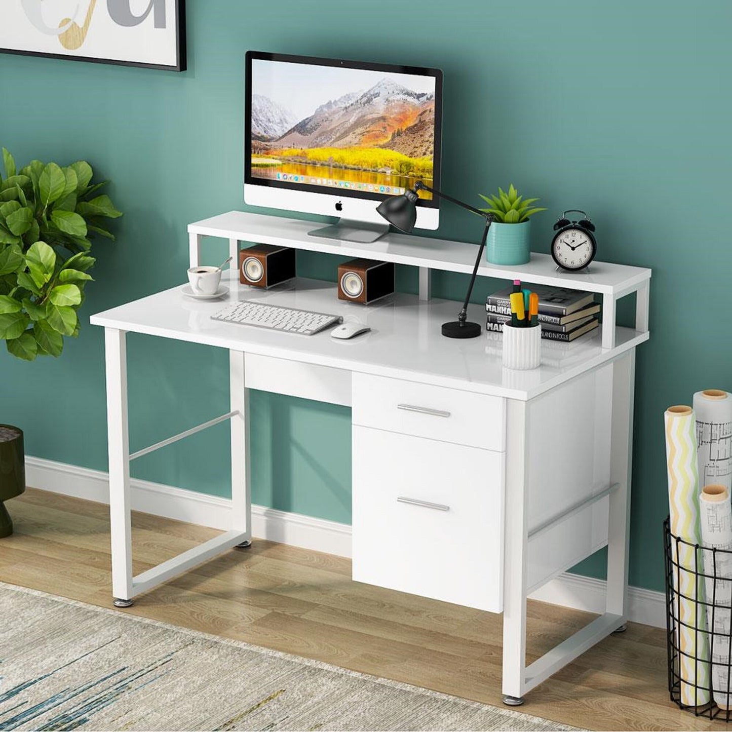 47 Inches Computer Desk with Hutch, Modern Writing Desk with 2 Drawers Storage