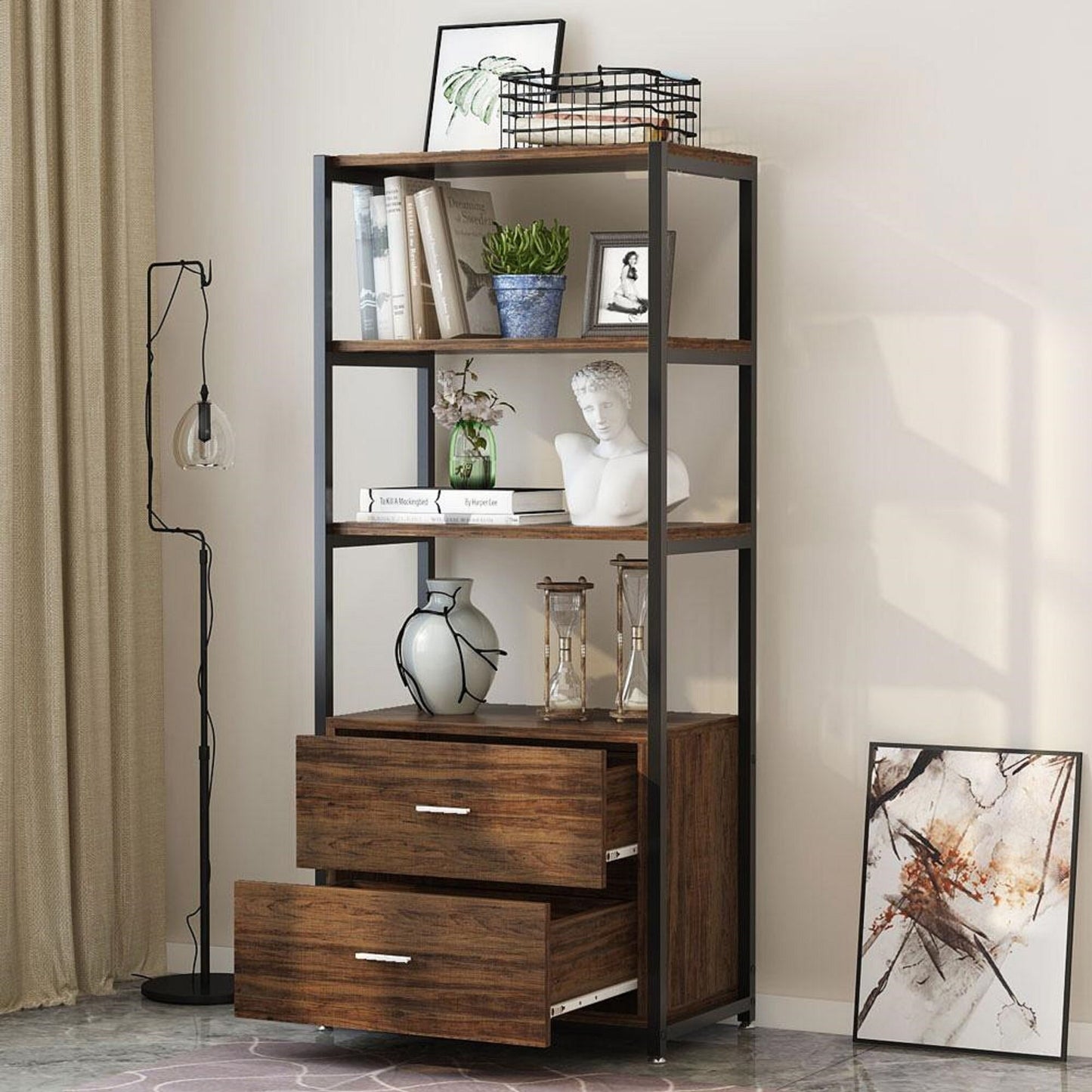 Bookcase with 2 Drawers, Vintage Industrial Etagere Standard Bookshelf