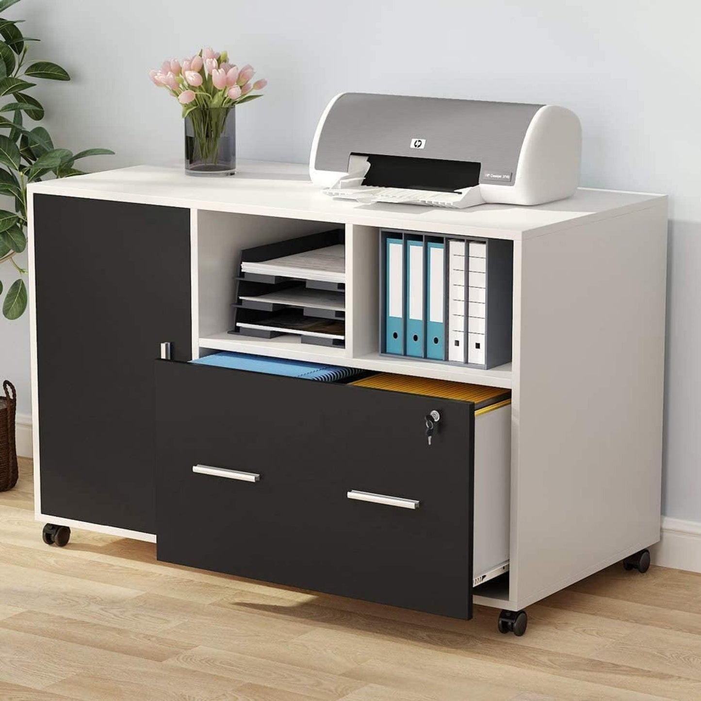 Large File Cabinet with Lock and Drawer, Modern Mobile Lateral Filing Cabinet