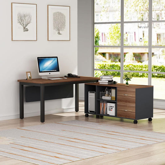 L-Shaped Computer Desk with Storage Drawers Cabinet Set