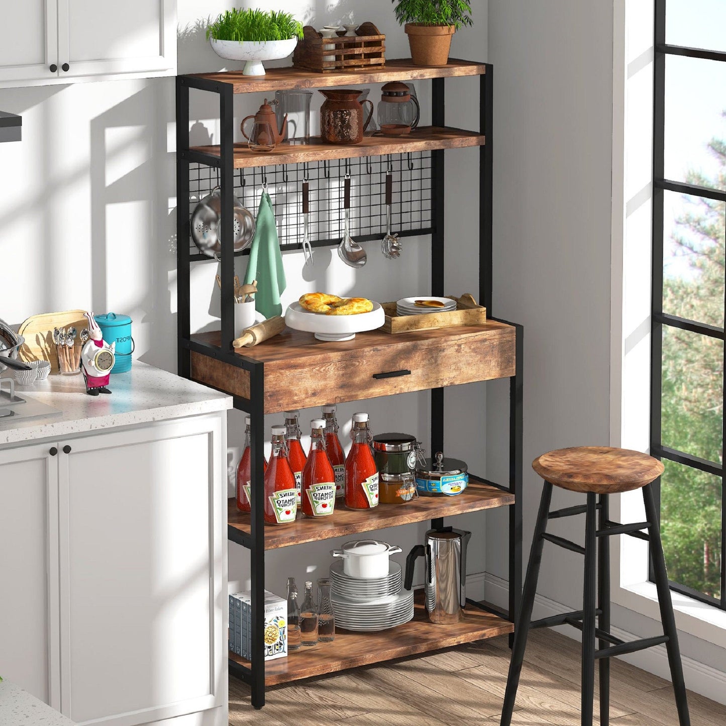 Kitchen Bakers Rack with Hutch, 5-Tier Kitchen Storage Shelf