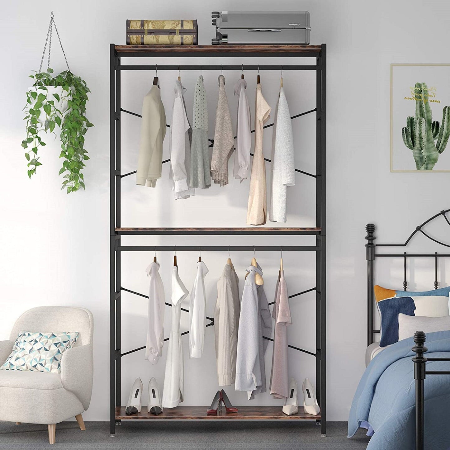 Free-standing Closet Organizer with 3 Storage Shelves and 2 Hanging Rod