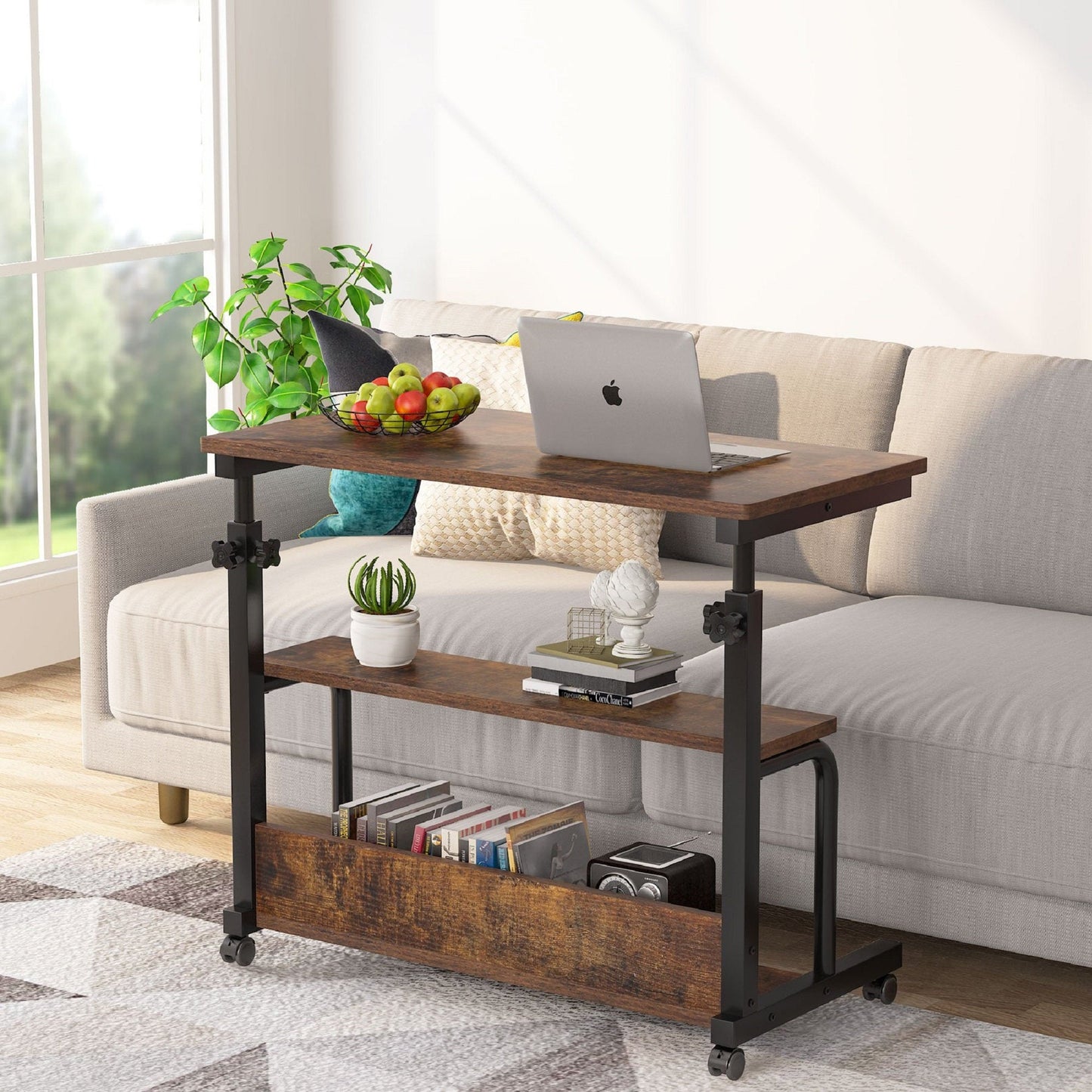C Table with Wheels, Height Adjustable Bedside Sofa Couch Side Table for Laptop