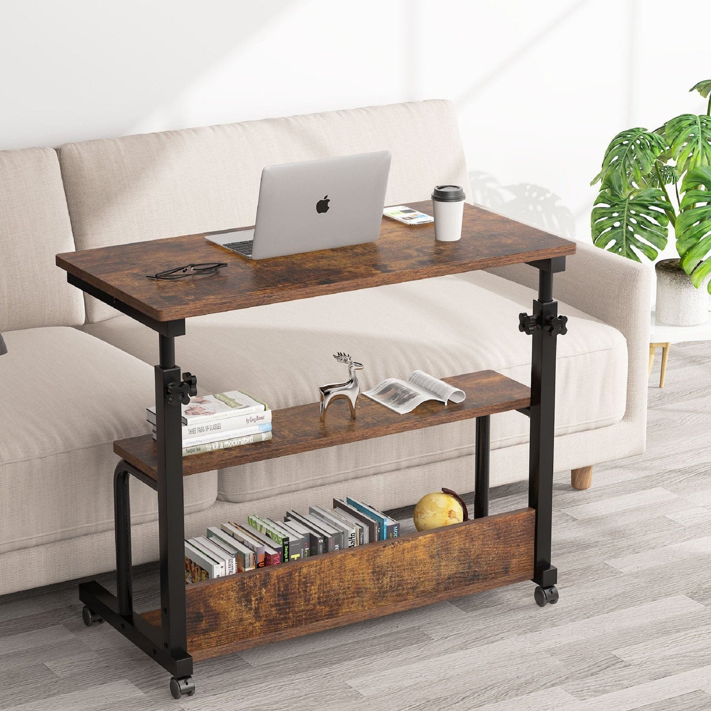 C Table with Wheels, Height Adjustable Bedside Sofa Couch Side Table for Laptop